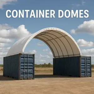 Container Dome shelter installed between two blue shipping containers